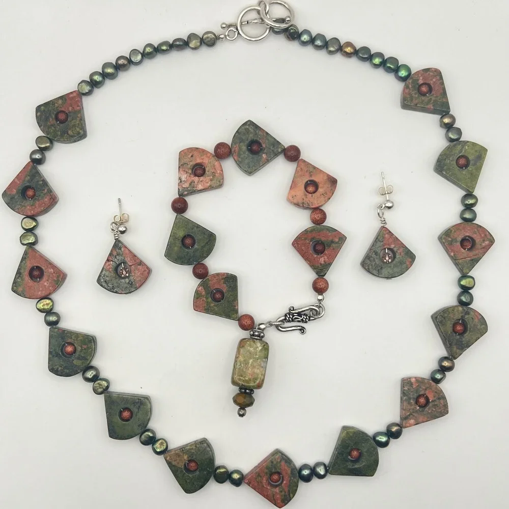 Unakite & Goldstone Sterling Silver Jewelry Set – Necklace, Bracelet, Earrings‎
